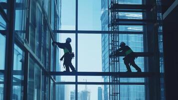 Two Silhouetted Construction Workers Cleaning Windows on a Skyscraper photo