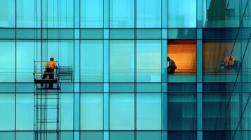 Window Washers on a Scaffolding Cleaning a Glass Building photo
