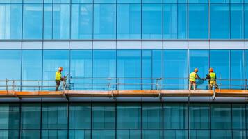 Construction Workers on Scaffolding Cleaning Windows of Modern Office Building photo