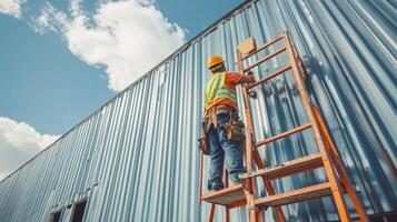 Construction Worker on a Ladder Working on a Metal Building photo