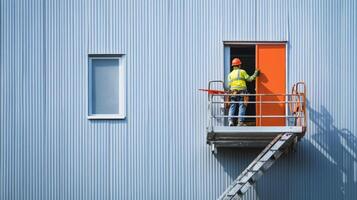 Construction Worker Opening a Door on a Lift Platform photo