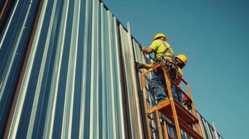 Two Construction Workers Installing Metal Siding On A Building photo