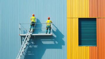 Two Construction Workers on a Scaffolding Platform Against a Colorful Building photo