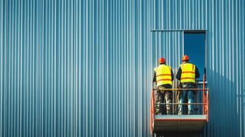 Two Construction Workers in Safety Gear on a Lift Platform photo
