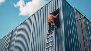 Construction Worker on Ladder Installing Window on Building photo