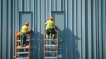 Two Construction Workers on Ladders Installing Doors on a Metal Building photo