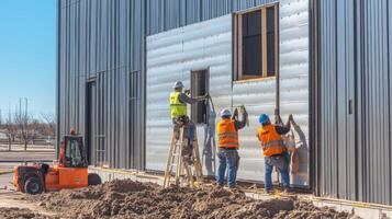 Construction Workers Installing Metal Siding on a Building photo
