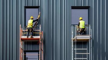 Two Construction Workers on Scaffolding Installing Windows on a Building photo