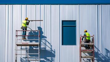 Two Construction Workers on Scaffolding Installing Metal Siding on a Building photo