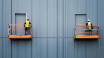 Two Construction Workers on Lift Platforms Working on a Metal Wall photo