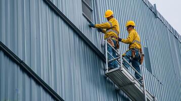 Two Construction Workers on a Scaffolding Platform Working on a Building's Exterior photo