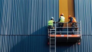 Construction Workers on a Lift Platform Working on a Building Wall photo
