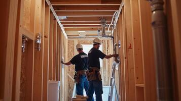 Two Construction Workers in a Partially Built Home photo