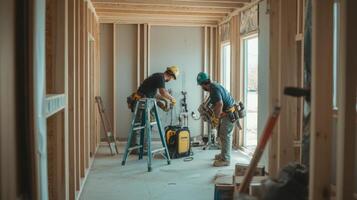 Two Construction Workers Inside an Unfinished Room photo