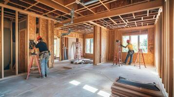 Two Construction Workers Inside a House Under Construction photo