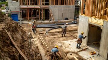 Construction Workers Building a House Foundation photo