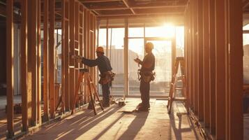 Two Construction Workers Building a New Home With Wooden Frames photo