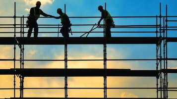 Silhouetted Construction Workers on Scaffolding Against a Sunset Sky photo
