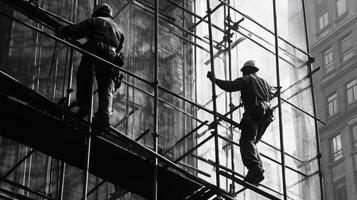 Two Construction Workers On Scaffolding Outside A Building photo