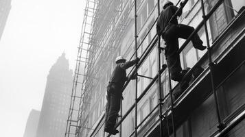 Two Workers on Scaffolding Against a Brick Building photo