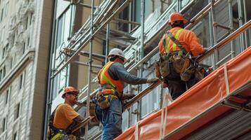 Construction Workers on Scaffolding During Building Renovation photo