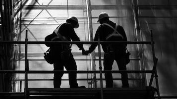 Two Silhouetted Construction Workers Shaking Hands on Scaffolding photo
