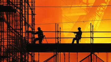 Two Silhouettes of Construction Workers on Scaffolding at Sunset photo