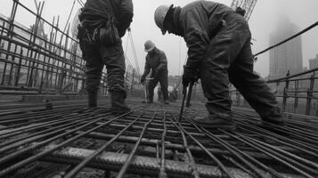 Construction Workers on a Rebar Grid photo