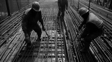 Construction Workers on a Reinforcing Steel Grid photo