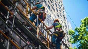 Two Construction Workers on Scaffolding During Building Renovation photo