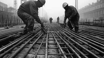 Construction Workers Laying Rebar for a Concrete Structure photo