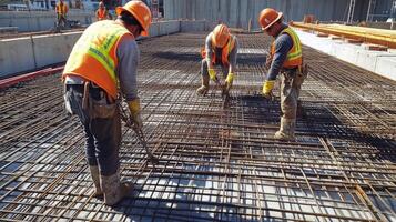 Construction Workers Securing Rebar Grid for Concrete Pour photo