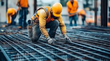 Construction Worker Adjusting Steel Reinforcement Bars on a Construction Site photo