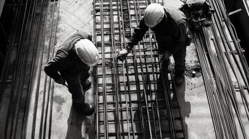 Two Construction Workers Inspecting a Rebar Grid photo