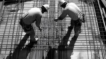 Construction Workers Examining Reinforcing Steel Bars photo