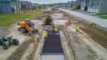 Construction Workers Working on a Trench in a New Suburb photo