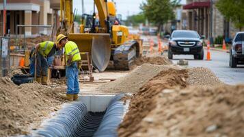 Construction Workers Examining Drainage Pipes During Road Work photo