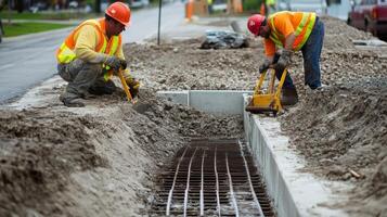 Construction Workers Using Equipment to Dig a Trench in a Roadside photo