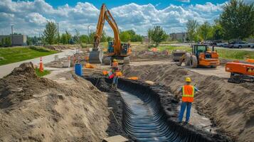 Construction Workers Building a Drainage Trench photo