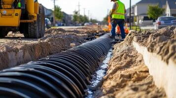 Construction Worker Installing Large Drain Pipe in Trench photo
