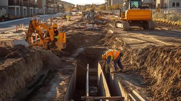 Construction Workers Digging Trench for Utility Lines in Residential Area photo