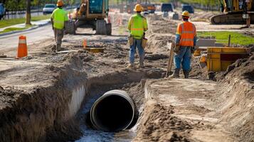 Construction Workers Near Excavated Trench with Drainage Pipe photo