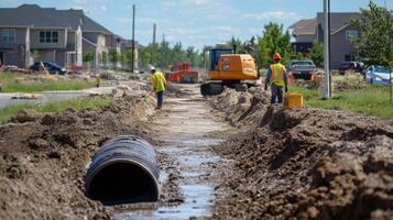 Construction Workers Installing Drainage Pipe in a Suburban Development photo