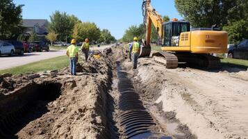 Construction Workers Installing Drainage Pipes in a Residential Area photo