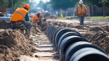Construction Workers Installing Large Pipes in a Trench photo