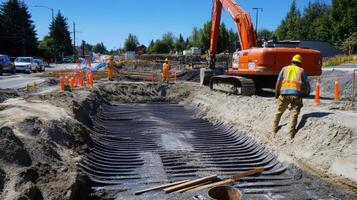 Construction workers and an excavator digging a trench in a street photo