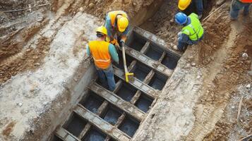 Construction Workers Building a Concrete Structure in a Trench photo