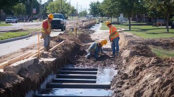 Construction Workers Building Steps in Trench photo