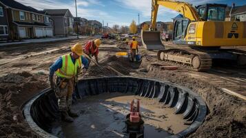 Construction Workers Working on a Trench with an Excavator photo