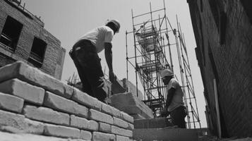 Two Construction Workers Laying Bricks on a Wall photo